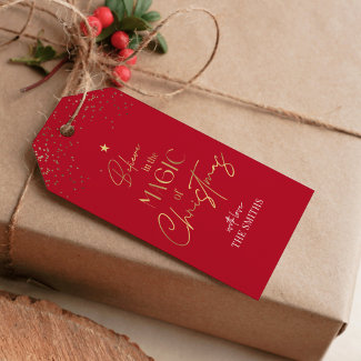 Christmas Gift Tag Gold Glitter Calligraphy Red