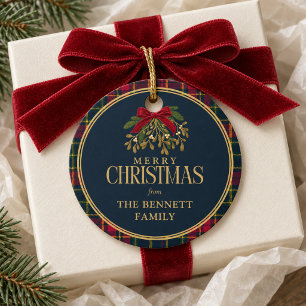 Christmas Gift Tag Navy Plaid Red Bow