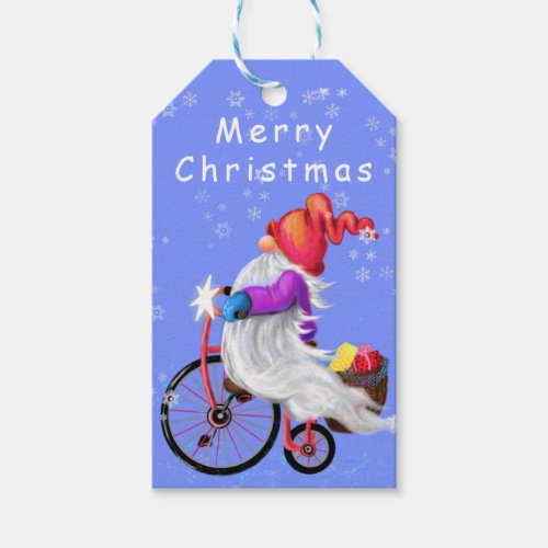 Christmas Gift Tags Gnome with Bike and Gifts