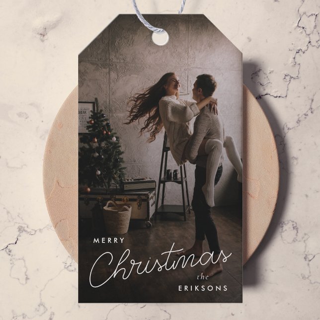 Christmas Gift Tags | Modern Trendy Holiday Photo (Stylish holiday photo tags with elegant handwritten style text for personal and modern gifting)