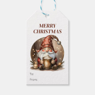 Christmas Gift tags with gnome holding hot cocoa