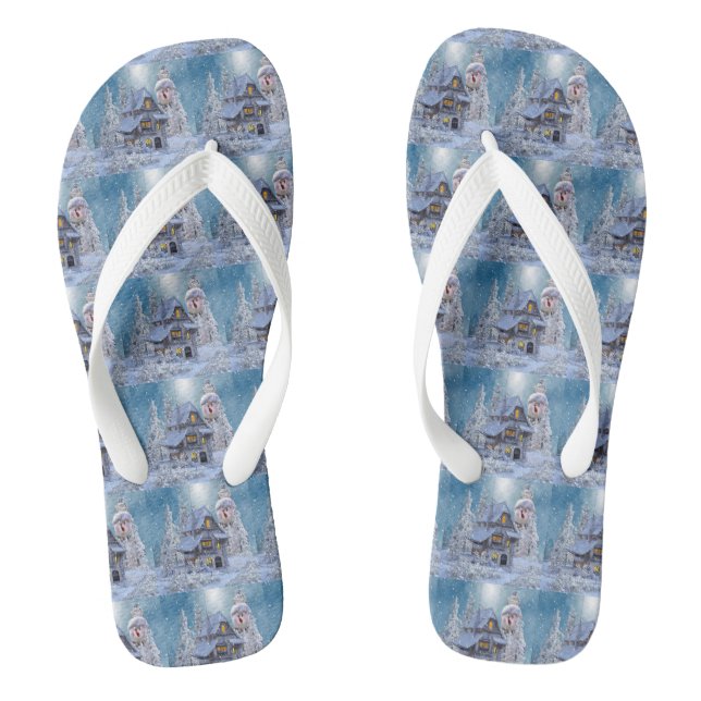 Christmas Gift Winter White Snowman Blue Rustic Flip Flops (Footbed)