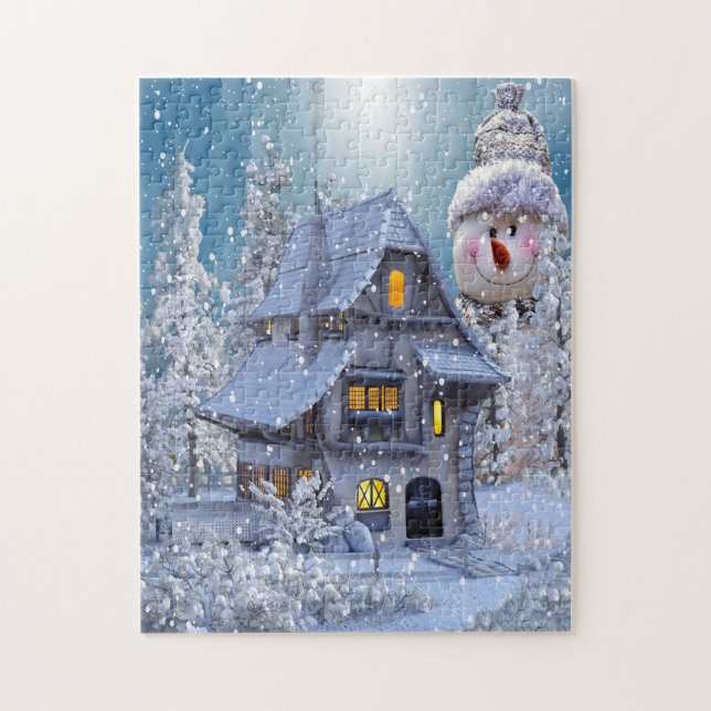 Christmas Gift Winter White Snowman Blue Rustic Jigsaw Puzzle (Vertical)