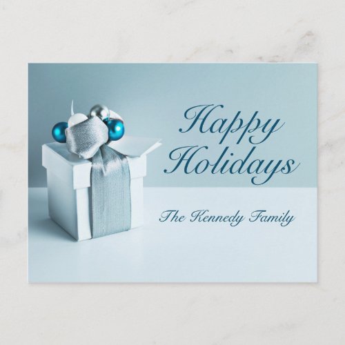 Christmas gift with silver ribbon holiday postcard