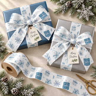Christmas Gift Wrap Navy Blue Presents & Snowflake Satin Ribbon