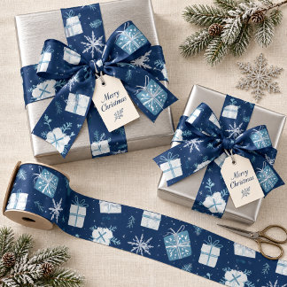 Christmas Gift Wrap Navy Blue Presents & Snowflake Satin Ribbon
