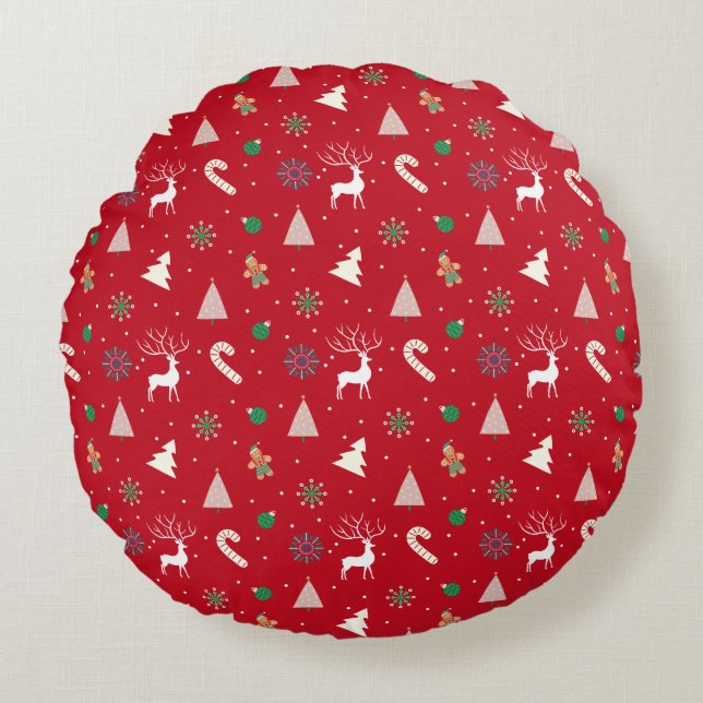 Christmas Gift Wrap — Reindeer, Gingerbread Round Pillow (Front)
