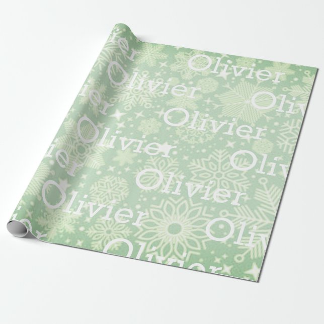 Christmas Gift Wrap Snowflakes Name Green Festive (Unrolled)