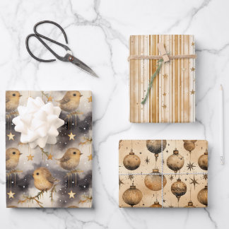 Christmas Gift Wrap Stars and Robins Gold & White