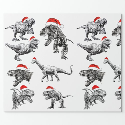 CHRISTMAS GIFT WRAP WITH DINOSAURS WITH SANTA HATS