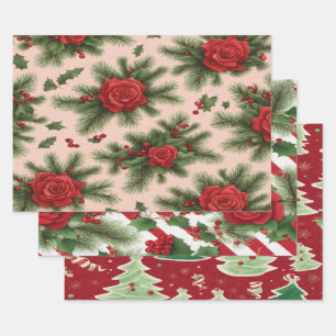 Christmas gift wrapping papers + in red and green wrapping paper sheets