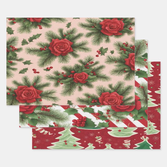 Christmas gift wrapping papers + in red and green wrapping paper sheets (Set)