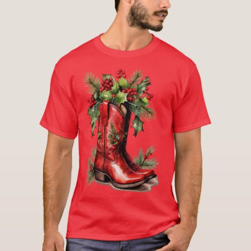 Christmas gifts and cowgirl boots mistletoe branch T_Shirt
