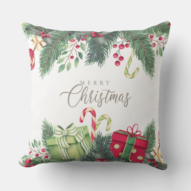 Christmas Gifts, Candy Canes and Holly Throw Pillow (Front)