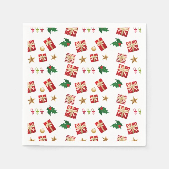Christmas Gifts Candy Canes Stars Holly Napkins (Front)