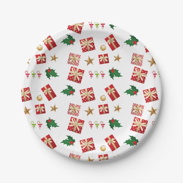 Christmas Gifts Candy Canes Stars Holly Paper Plates (Front)
