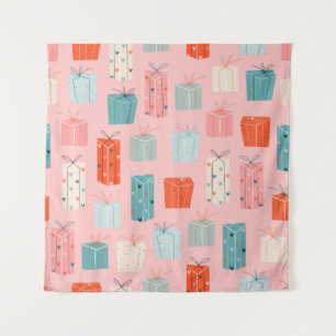 Christmas gifts, pink background, vintage pattern. tapestry