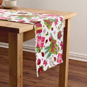 Christmas Gifts Poinsettia Holly Pattern Short Table Runner