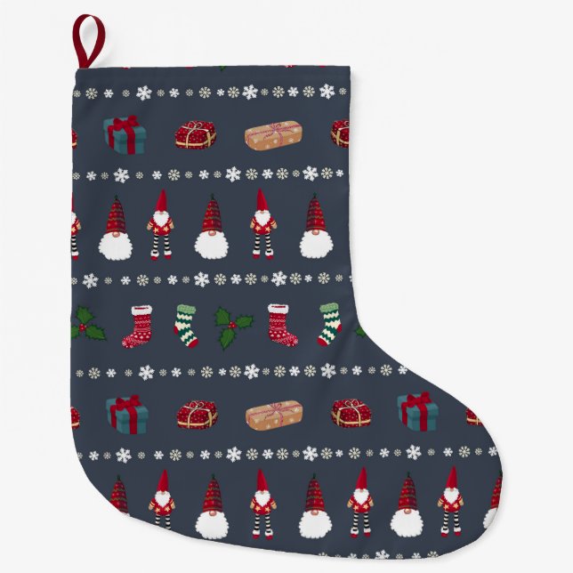 Christmas gifts, Santa Claus and snowflakes Large Christmas Stocking (Front)
