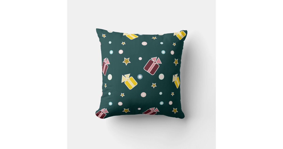 Dark Evergreen Christmas Pillow with Colorful Wrapped Gifts and Stars