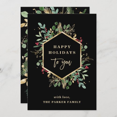 Christmas Gilded Greenery Black  Happy Holidays Holiday Card