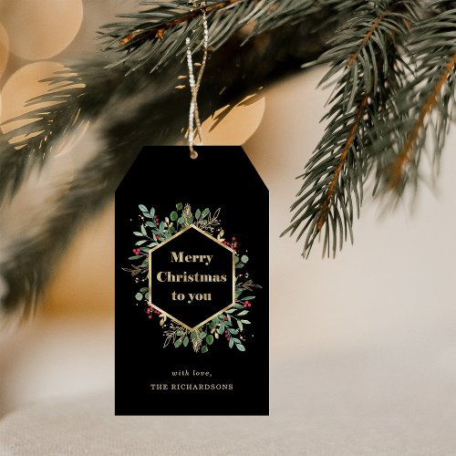 Christmas Gilded Greenery on Black  Holiday Gift Tags