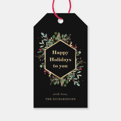 Christmas Gilded Greenery on Black  Holiday Gift Tags