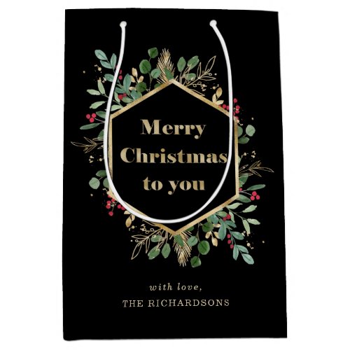 Christmas Gilded Greenery on Black  Holiday Medium Gift Bag