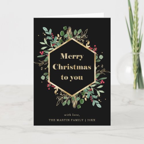 Christmas Gilded Greenery on Black  Photo Inside Holiday Card