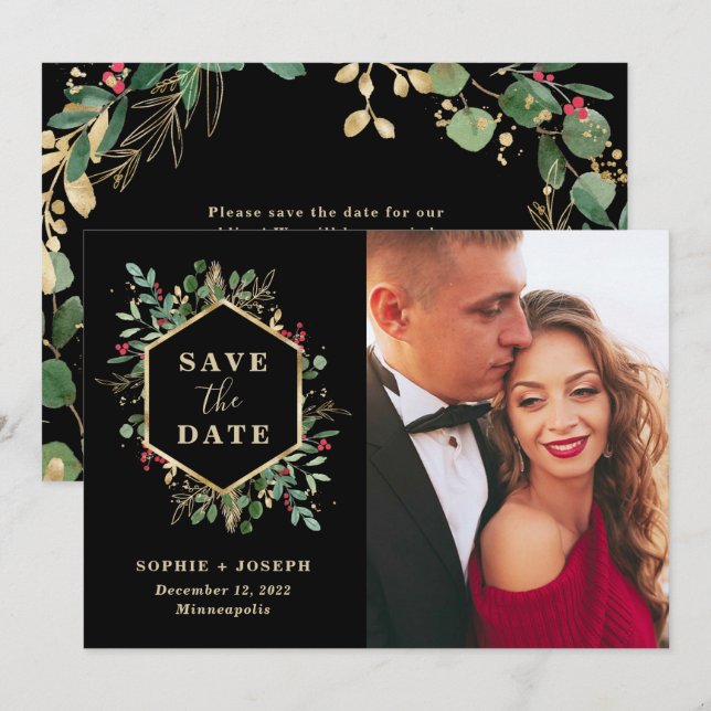 Christmas Gilded Greenery on Black | Photo Save The Date (Front/Back)