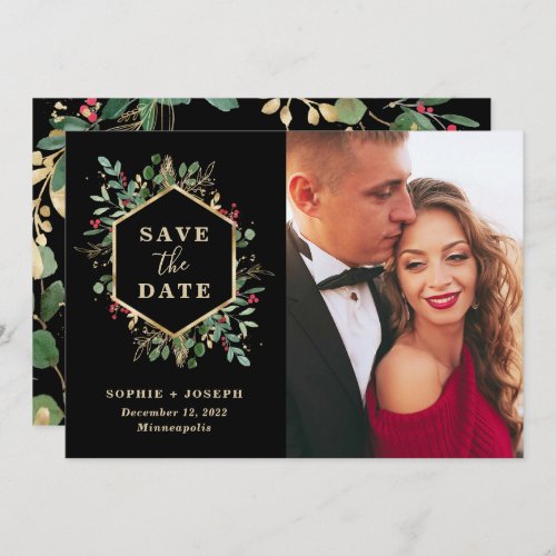 Christmas Gilded Greenery on Black  Photo Save The Date