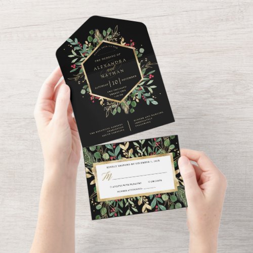 Christmas Gilded Greenery on Black Wedding All In One Invitation