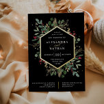 Christmas Gilded Greenery on Black Wedding Foil Invitation<br><div class="desc">This gorgeous holiday wedding invitation features a gold foil geometric frame with matching gold leaves,  Christmas greenery,  and red holly berries on a modern black background. Perfect for your elegant winter wedding.</div>