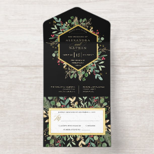 Christmas Gilded Greenery on Black Wedding   Gold All In One Invitation