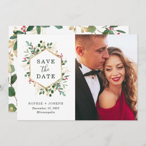 Christmas Gilded Greenery on White  Photo Save The Date