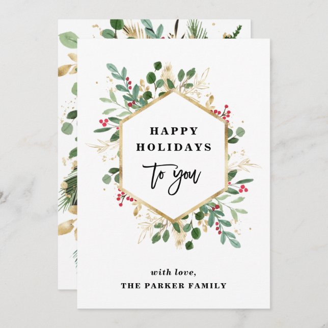 Christmas Gilded Greenery White | Happy Holidays Holiday Card (Front/Back)