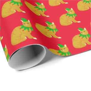 Christmas Ginger Cat in Elf Costume Red Green Wrapping Paper