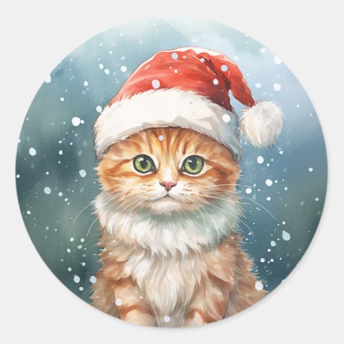 Christmas Ginger Cat in Santa Hat in Winter Classic Round Sticker