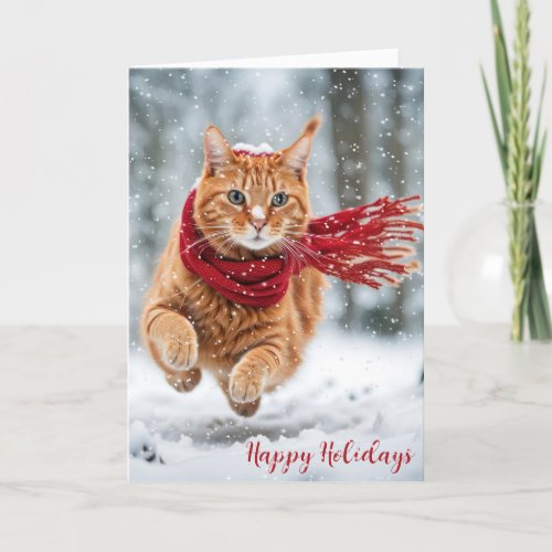 Christmas Ginger Cat in Snowflakes Holiday Card