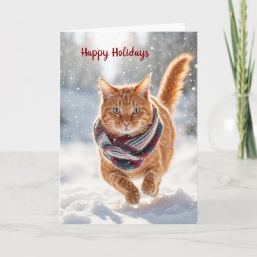 Christmas Ginger Cat n Snowflakes Holiday Card