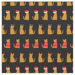 Christmas Ginger Cat Santa Hats Pattern on Black Fabric
