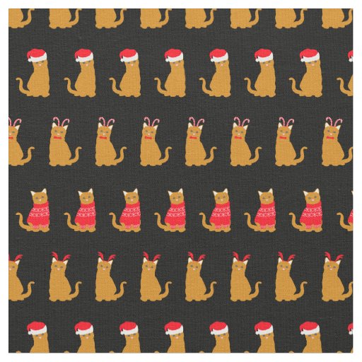 Christmas Ginger Cat Santa Hats Pattern on Black Fabric