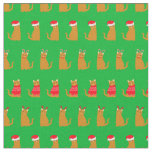 Christmas Ginger Cat Santa Hats Pattern on Green Fabric