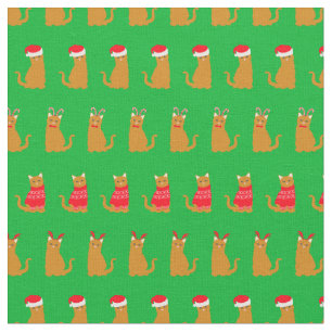 Christmas Ginger Cat Santa Hats Pattern on Green Fabric