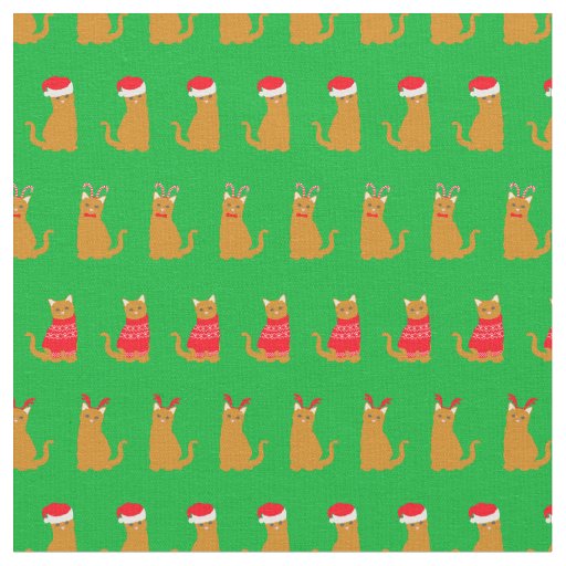 Christmas Ginger Cat Santa Hats Pattern on Green Fabric