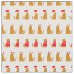 Christmas Ginger Cat Santa Hats Pattern on White Fabric