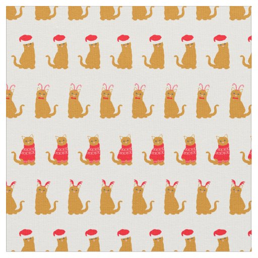 Christmas Ginger Cat Santa Hats Pattern on White Fabric