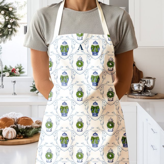 Christmas Ginger Jars Personalized  Apron (Ginger Jars Chinoiserie Christmas Apron)