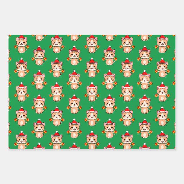 Christmas Ginger Tabby Cat Wrapping Paper Sheets (Front)