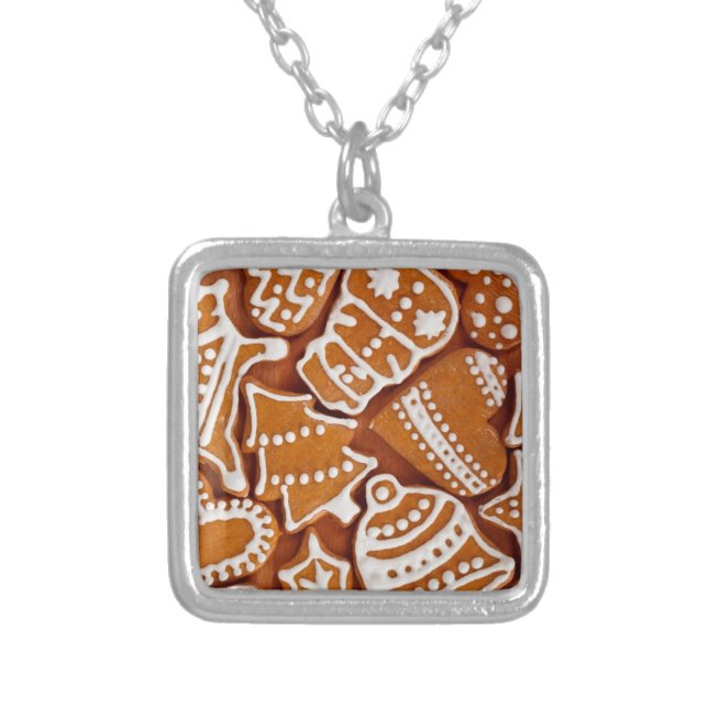 Christmas Gingerbread Biscuits Silver Plated Necklace (Front)